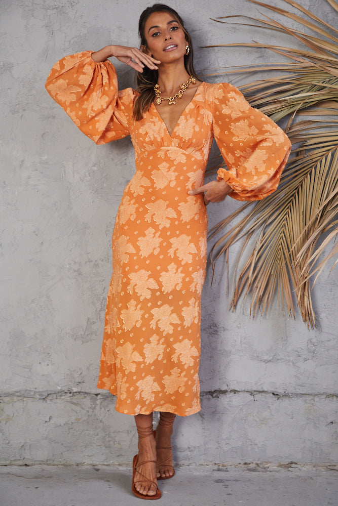 fall dresses orange Chic Rust Ruffled Midi Dress Comfort Fit Orange Fall Dresses | Fortunate