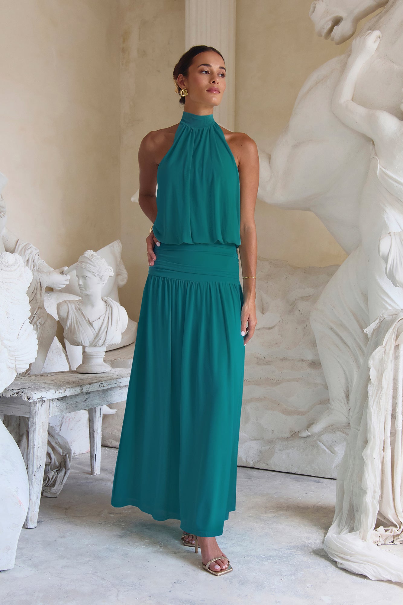 Camellia Mesh Halter Maxi Dress Teal