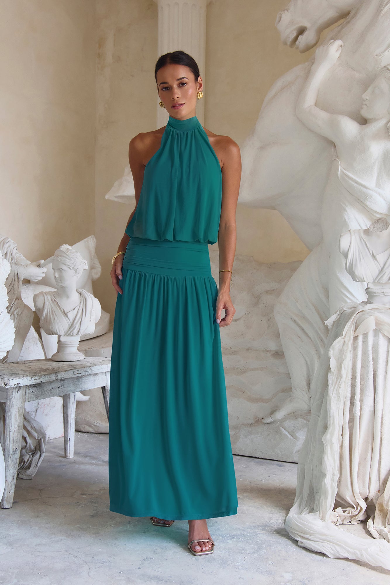 Camellia Mesh Halter Maxi Dress Teal