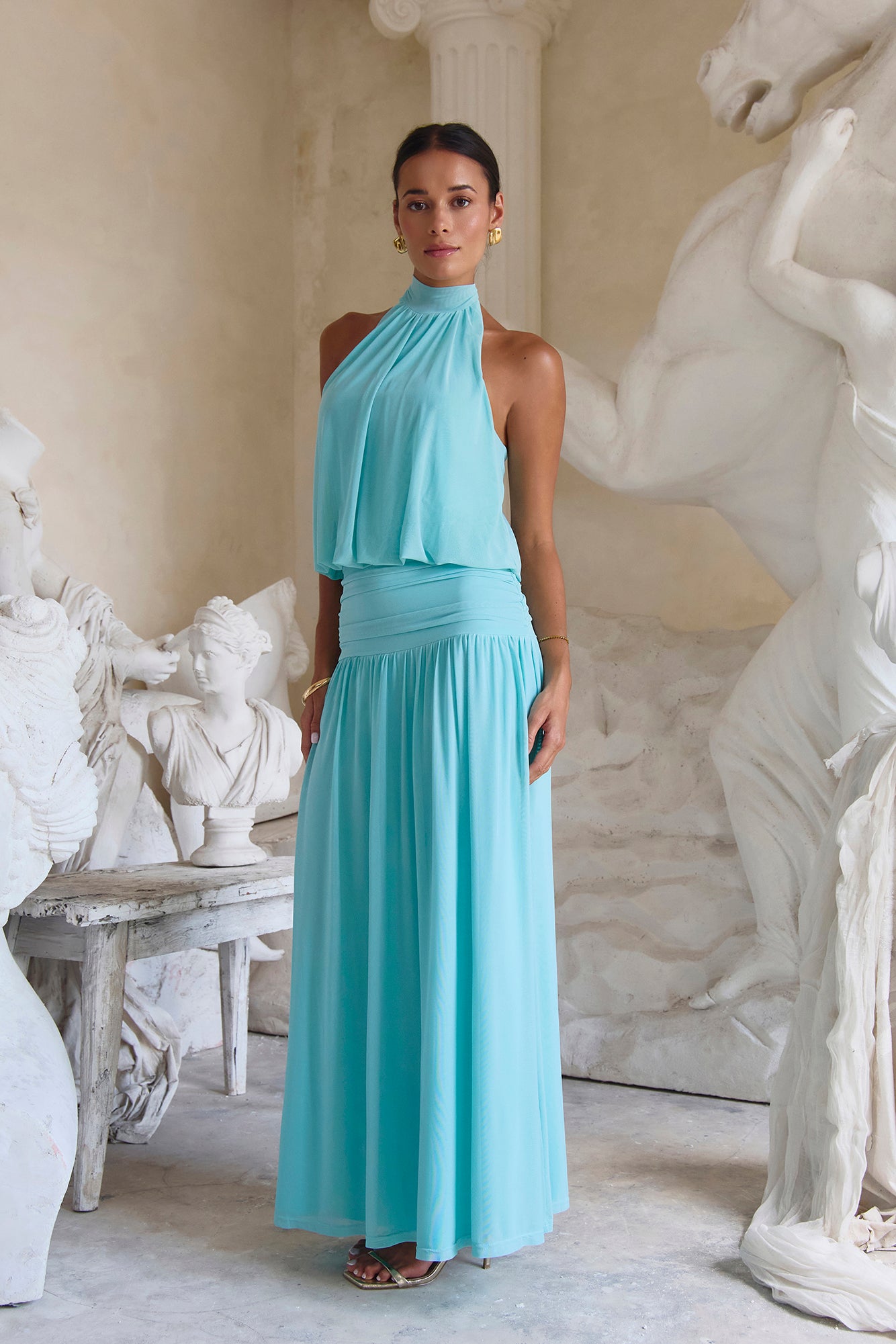 Camellia Mesh Halter Maxi Dress Light Blue