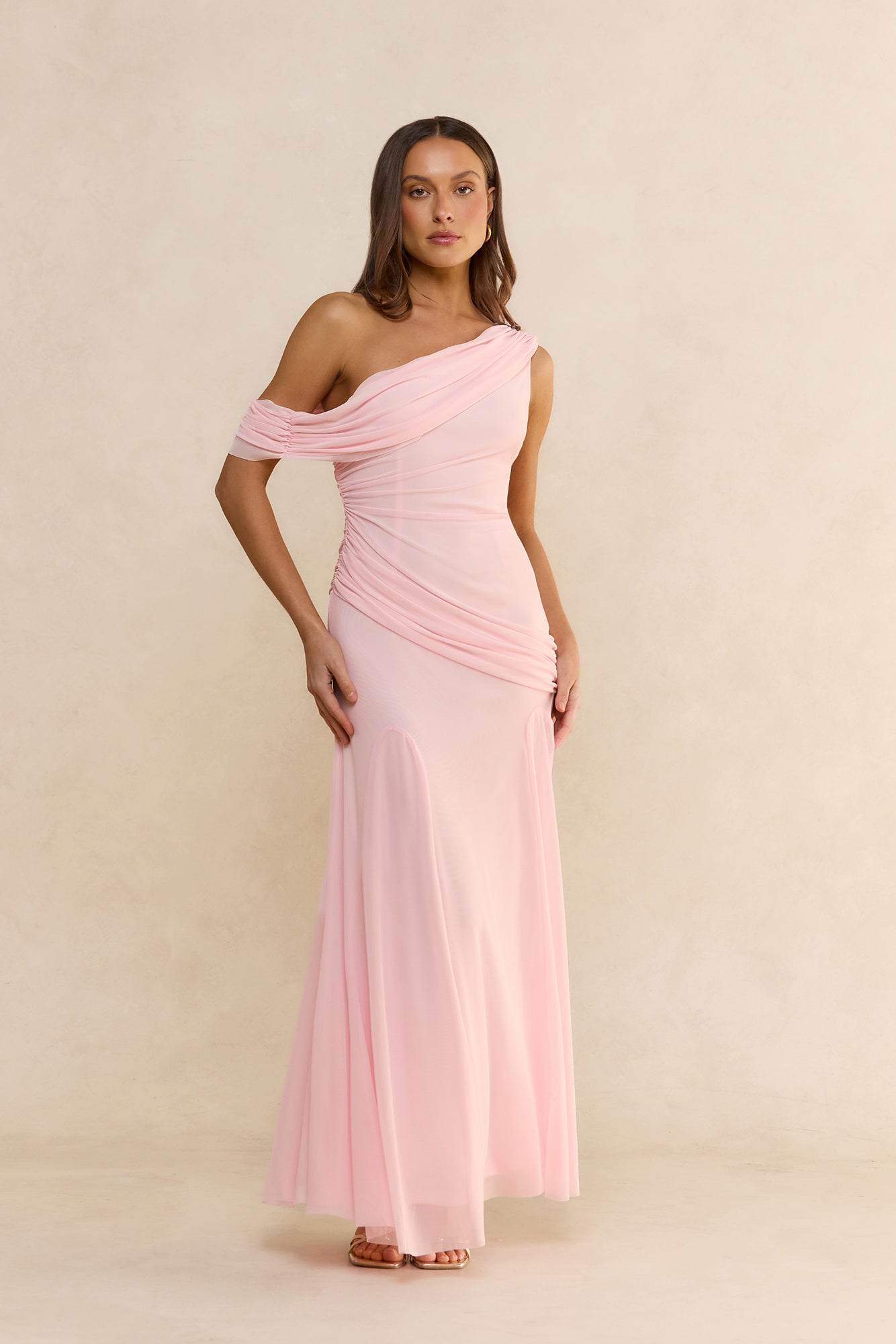Glamour Of Yours Mesh Off Shoulder Maxi Dress Pink