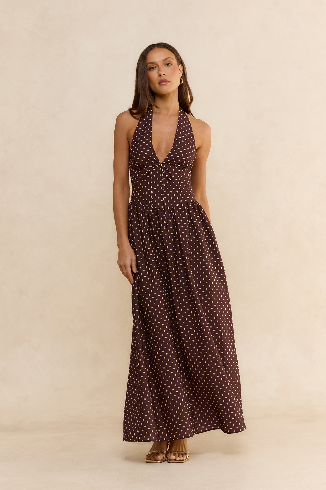 Arrietty Polka Dot Halter Maxi Dress Brown