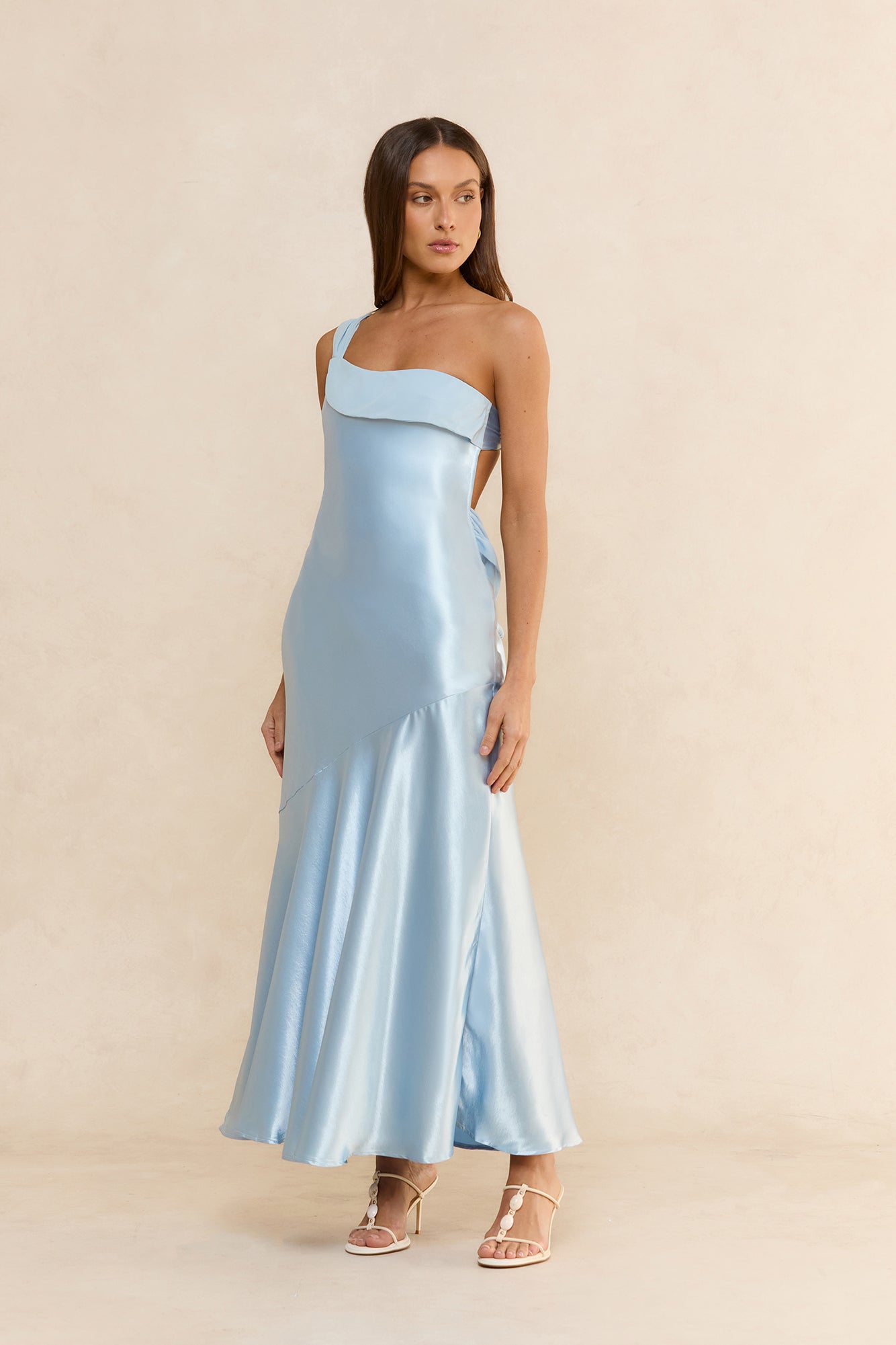 Soleil One Shoulder Satin Maxi Dress Blue
