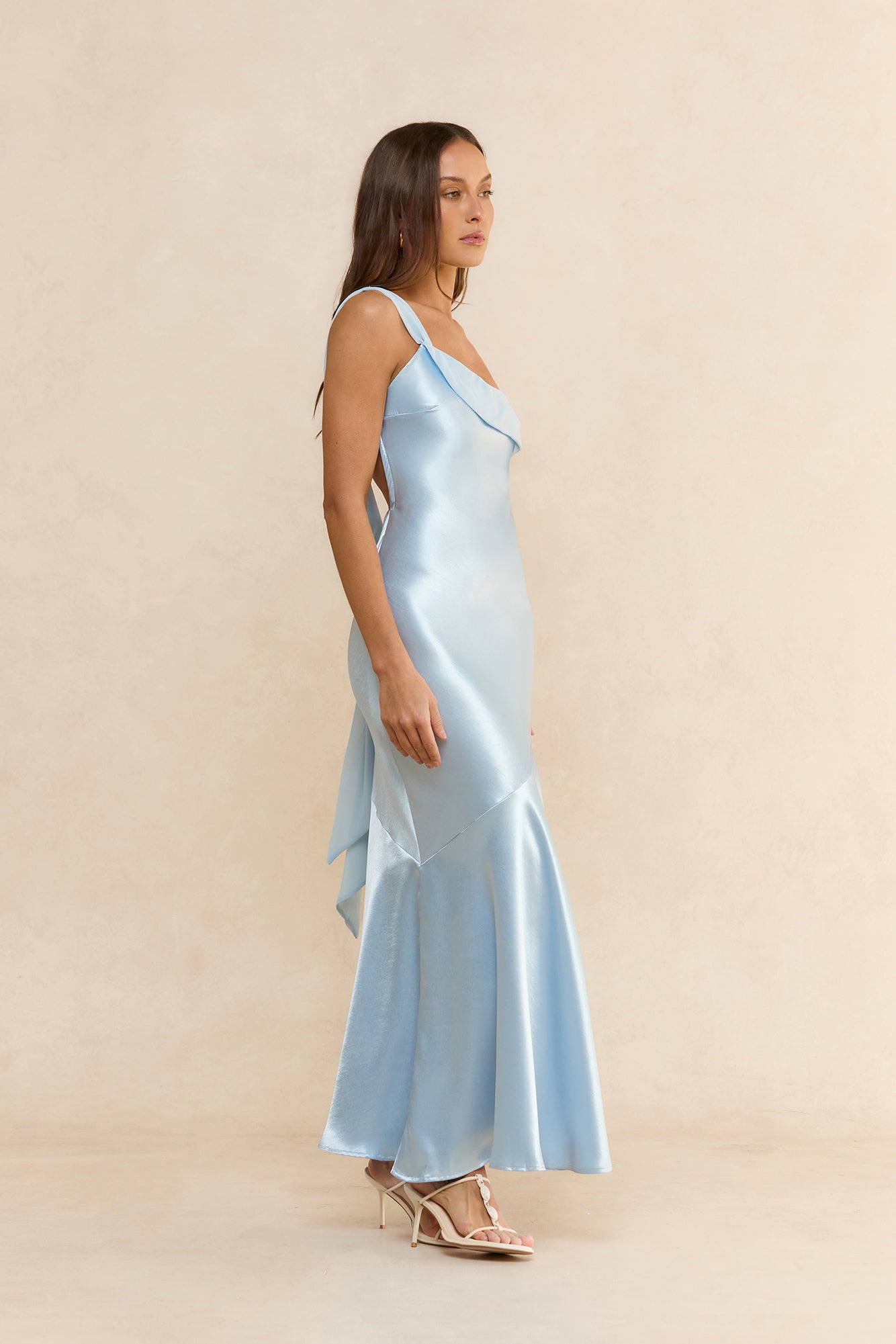 Soleil One Shoulder Satin Maxi Dress Blue