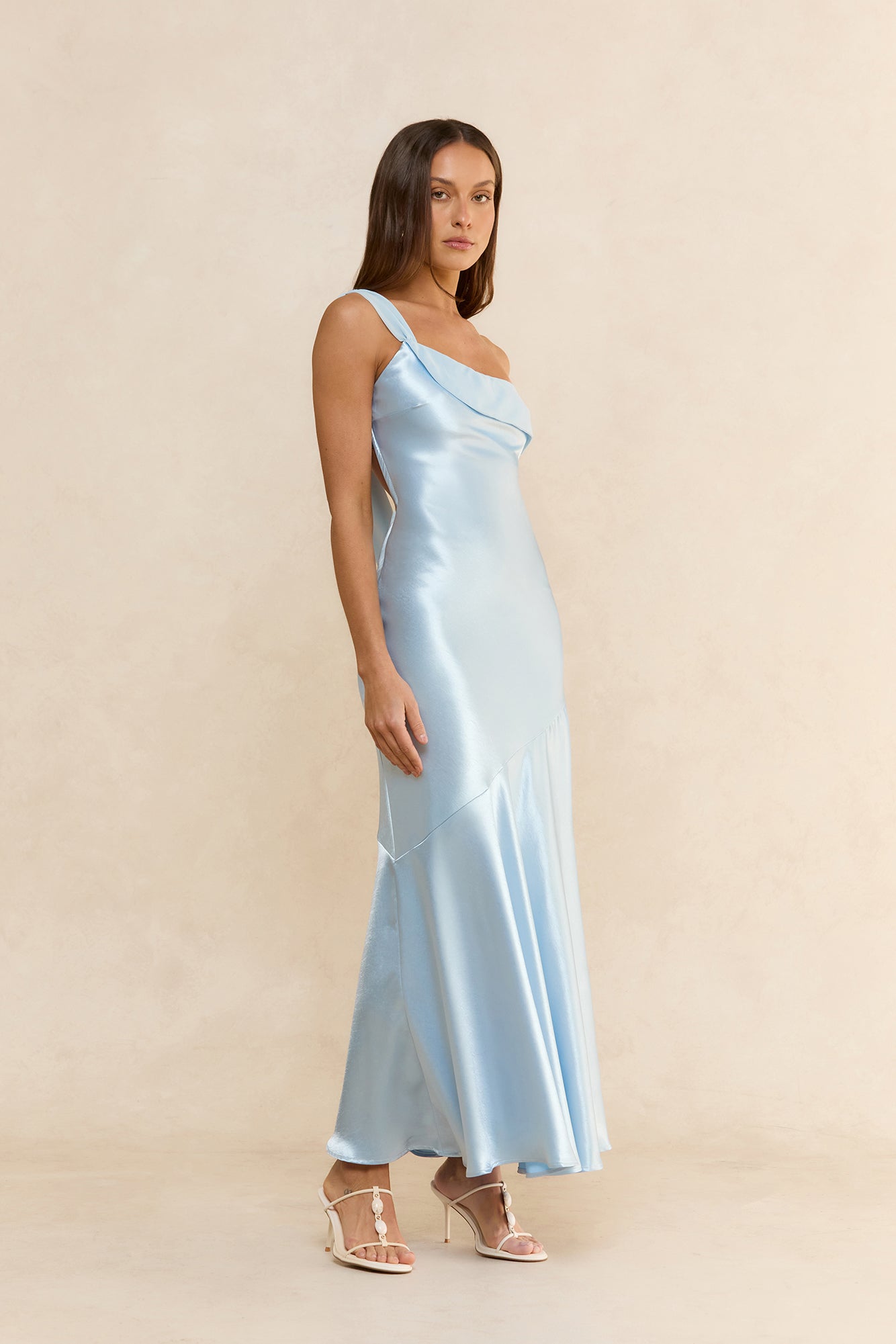 Soleil One Shoulder Satin Maxi Dress Blue