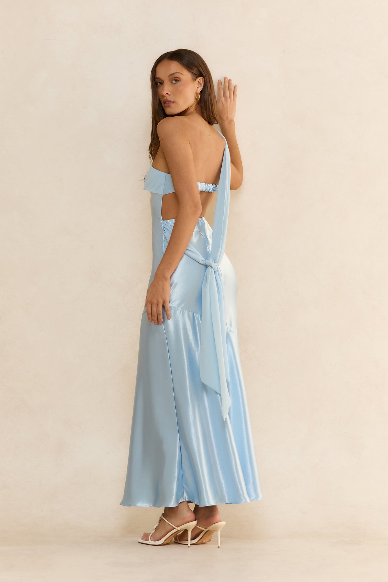 Soleil One Shoulder Satin Maxi Dress Blue