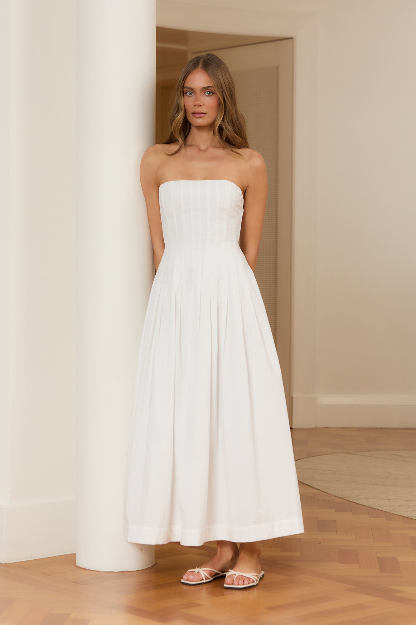 Sunshine Serenity Strapless Midi Dress White