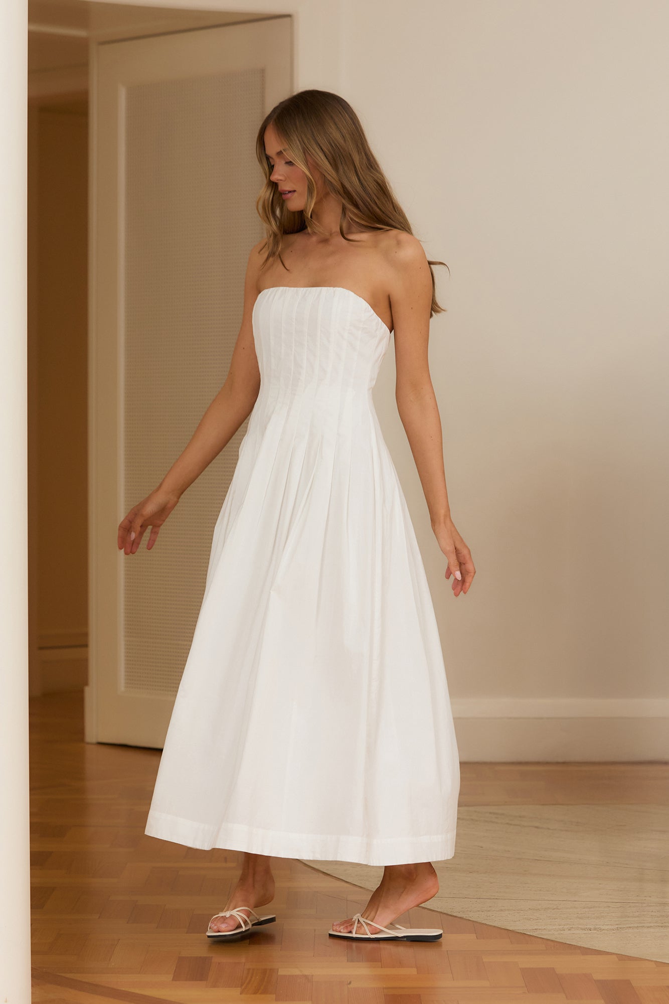 Sunshine Serenity Strapless Midi Dress White