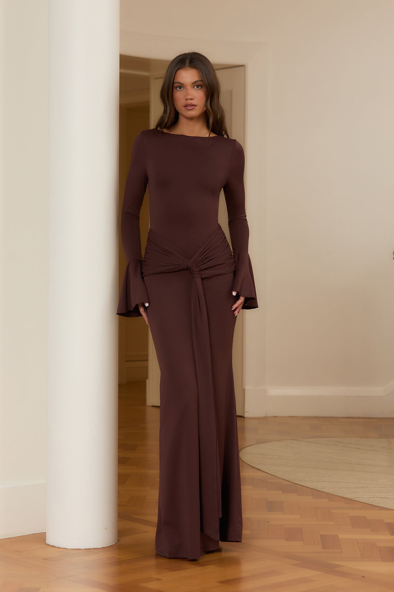 Dusk Elegance Long Sleeve Maxi Dress Brown