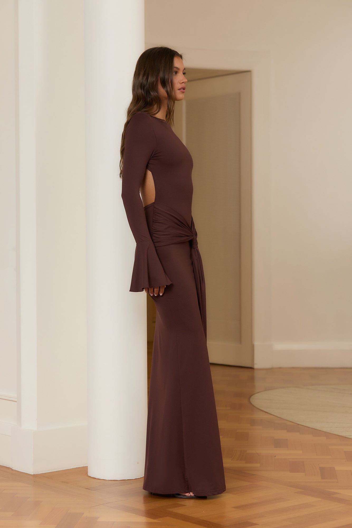 Dusk Elegance Long Sleeve Maxi Dress Brown