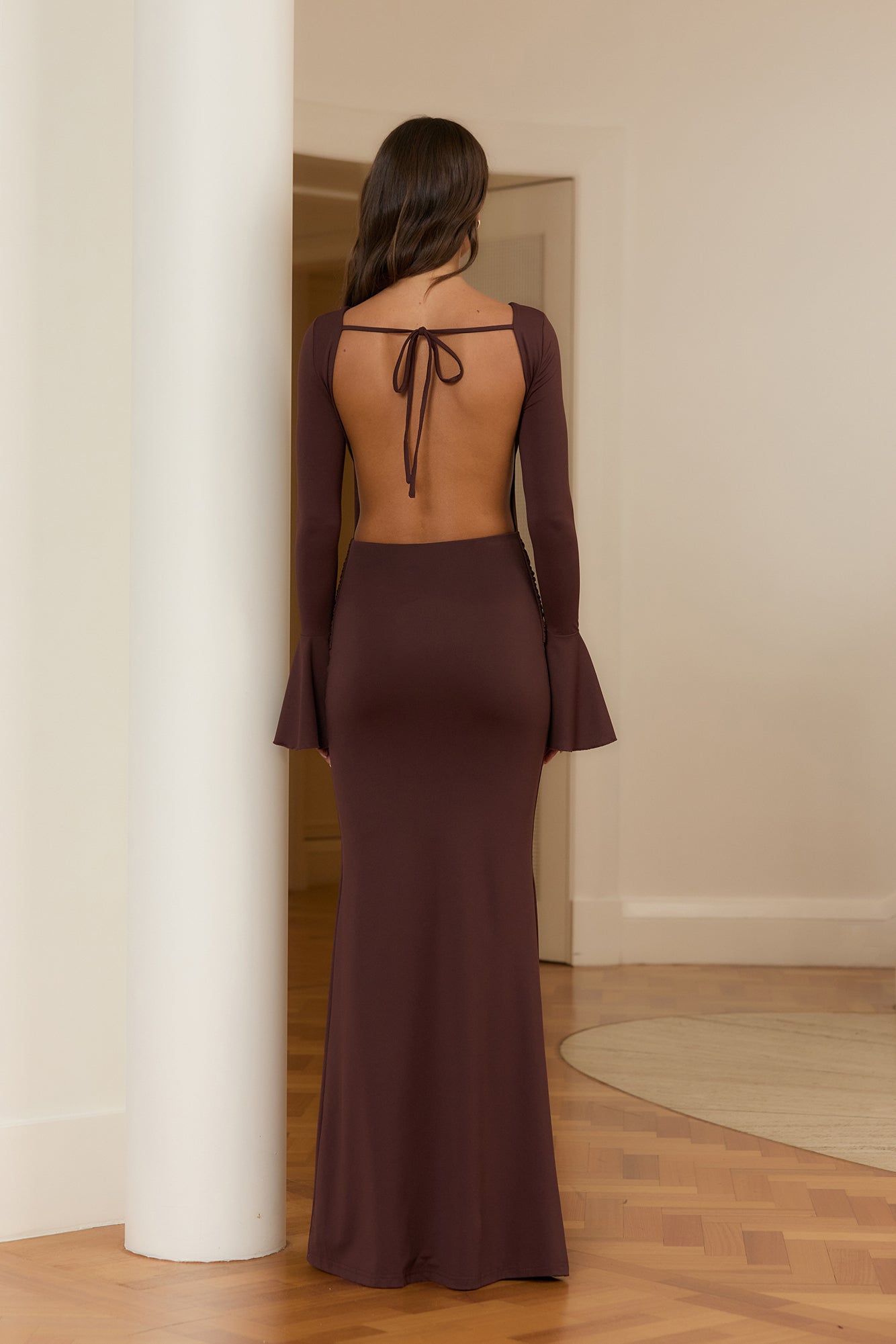 Dusk Elegance Long Sleeve Maxi Dress Brown