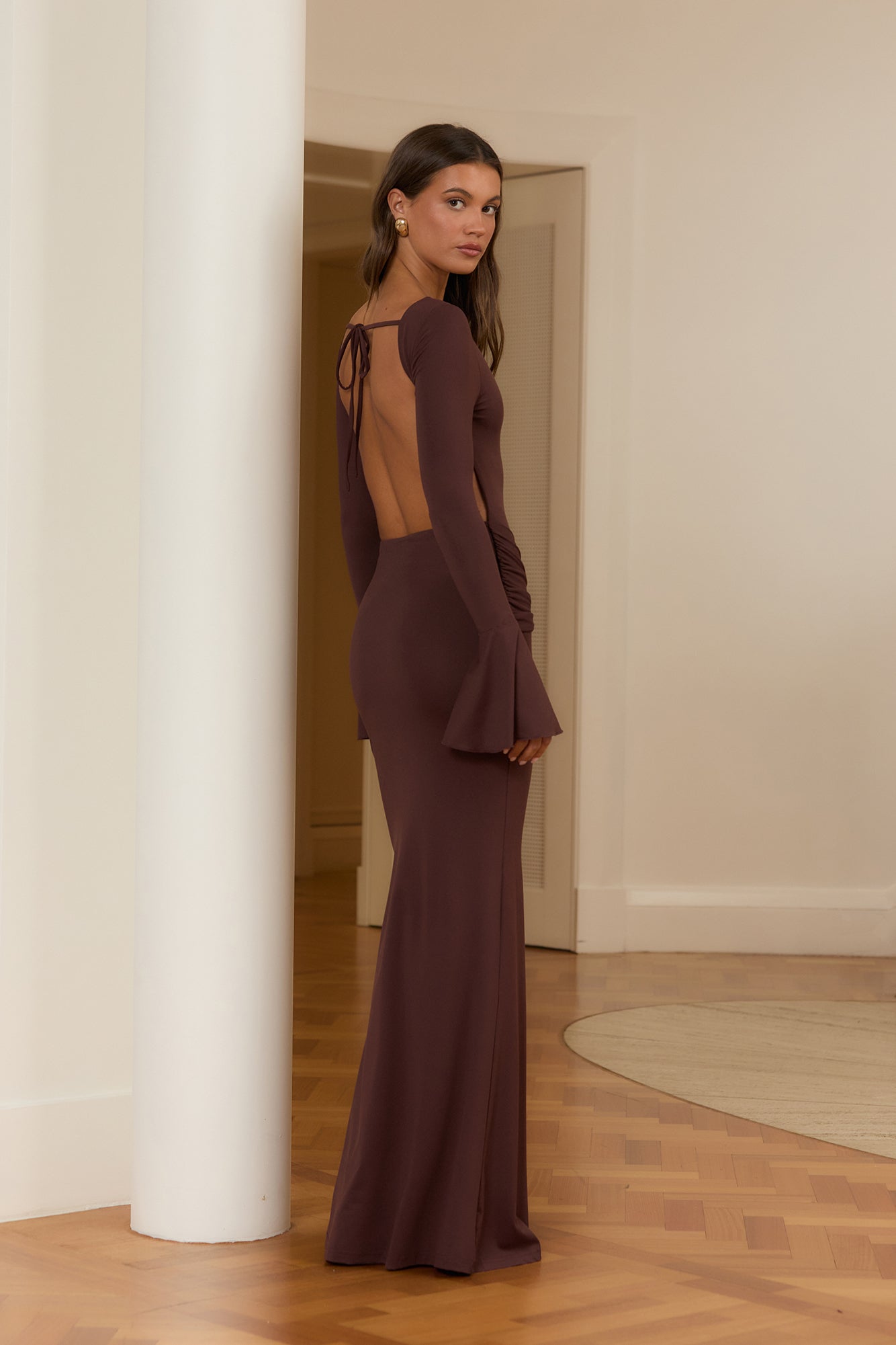Dusk Elegance Long Sleeve Maxi Dress Brown