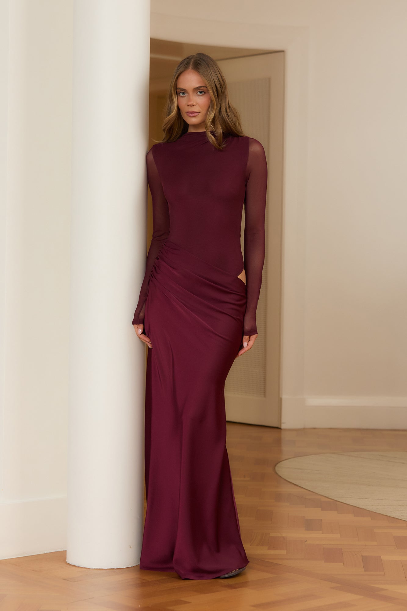 Unwritten Desire Mesh Long Sleeve Maxi Dress Wine
