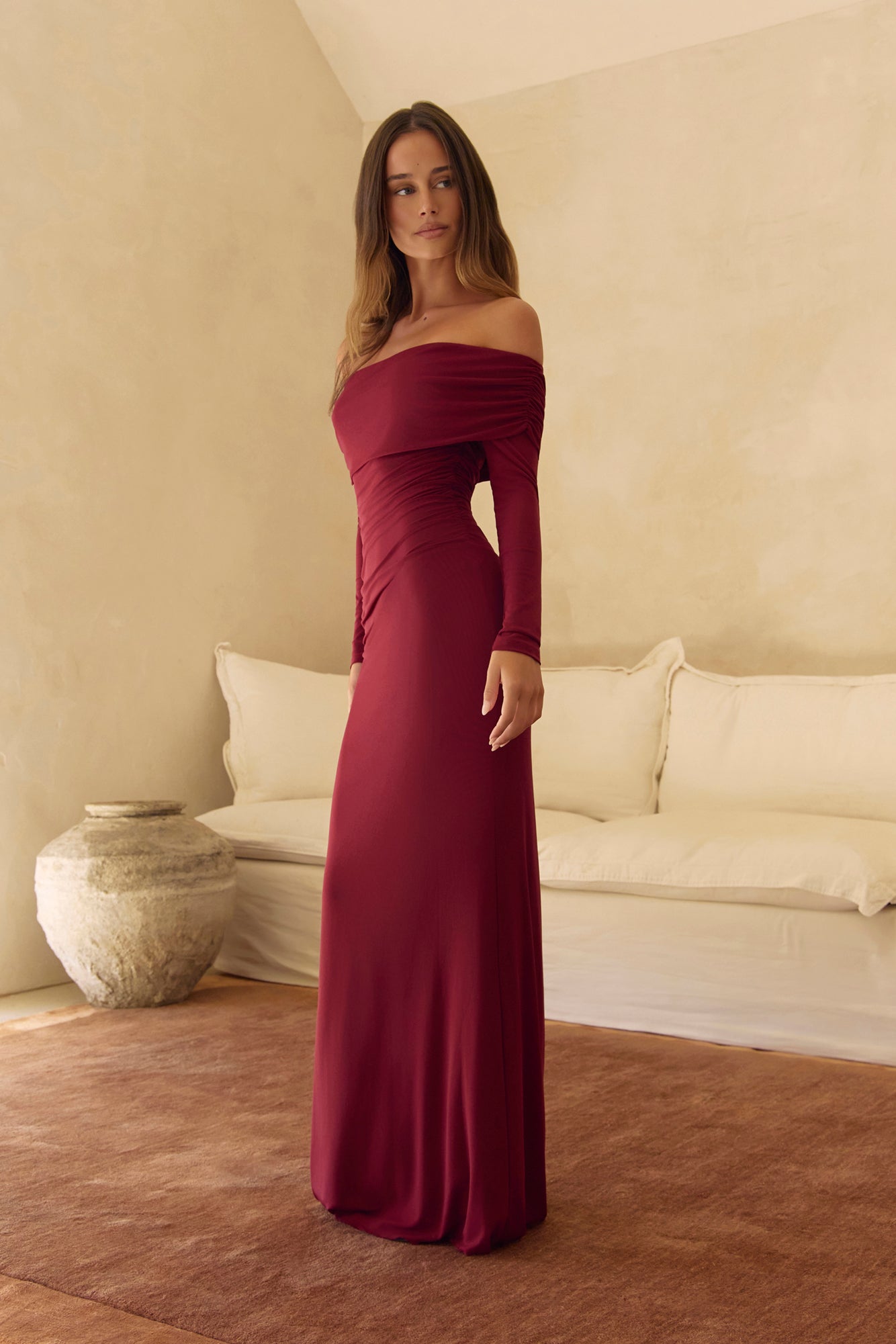 Midnight Visions Off Shoulder Mesh Maxi Dress Burgundy