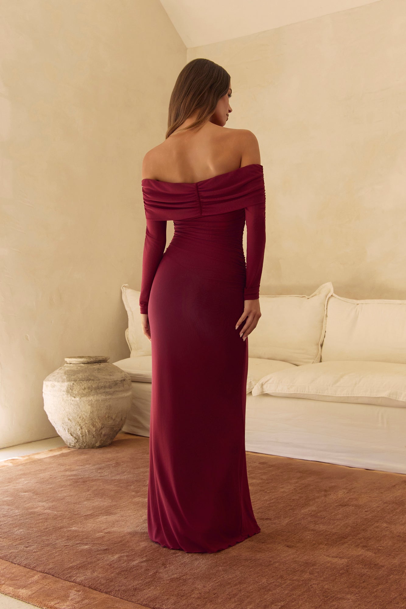 Midnight Visions Off Shoulder Mesh Maxi Dress Burgundy