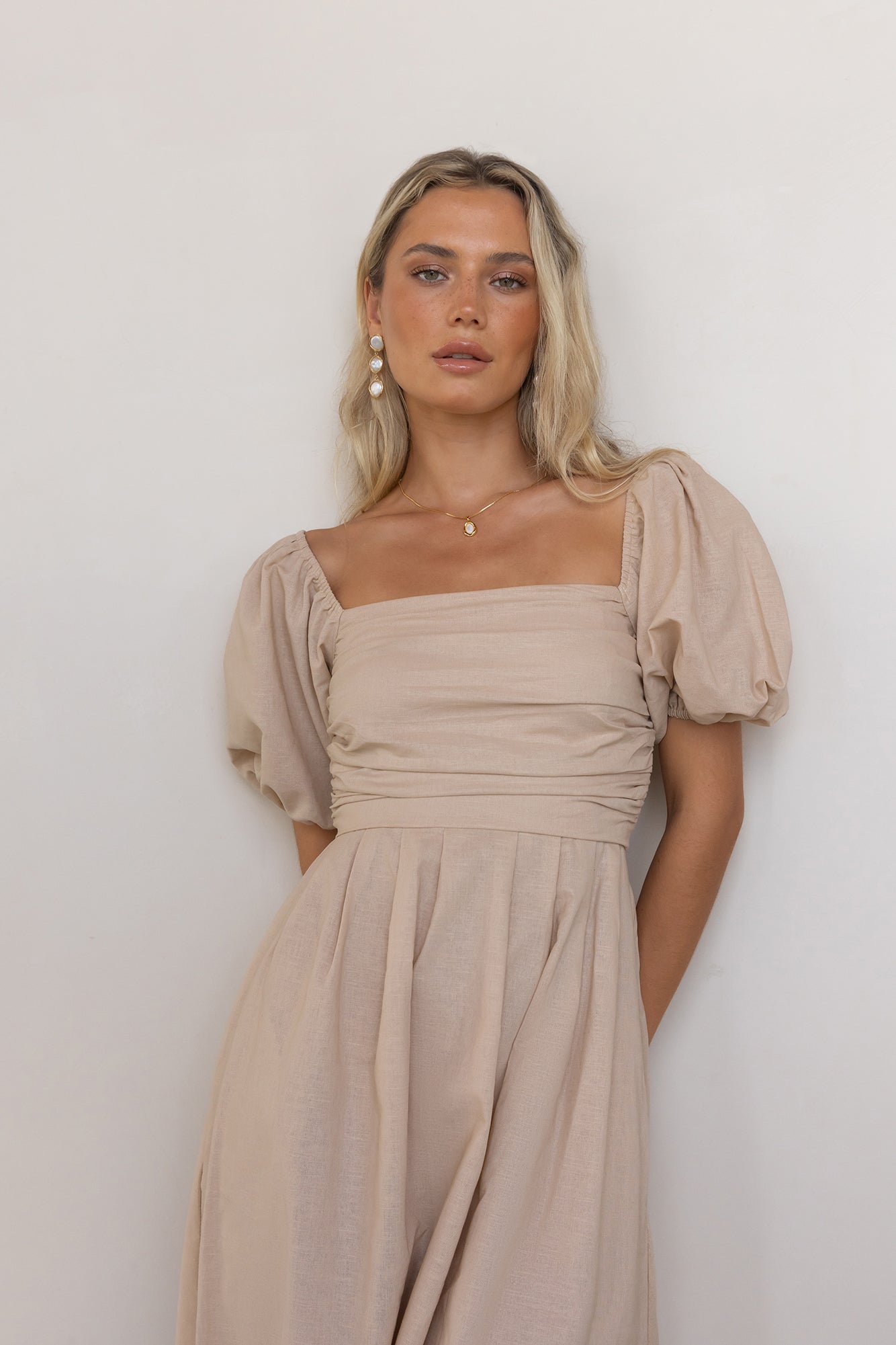chinese dress ladies Jluxlabel | Tan High Line Collar Maxi Dress