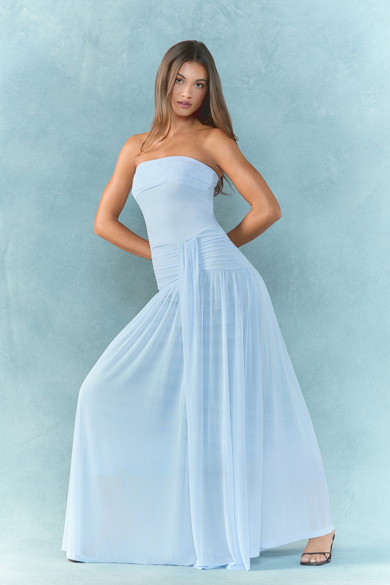 Desert Sands Strapless Mesh Maxi Dress Blue