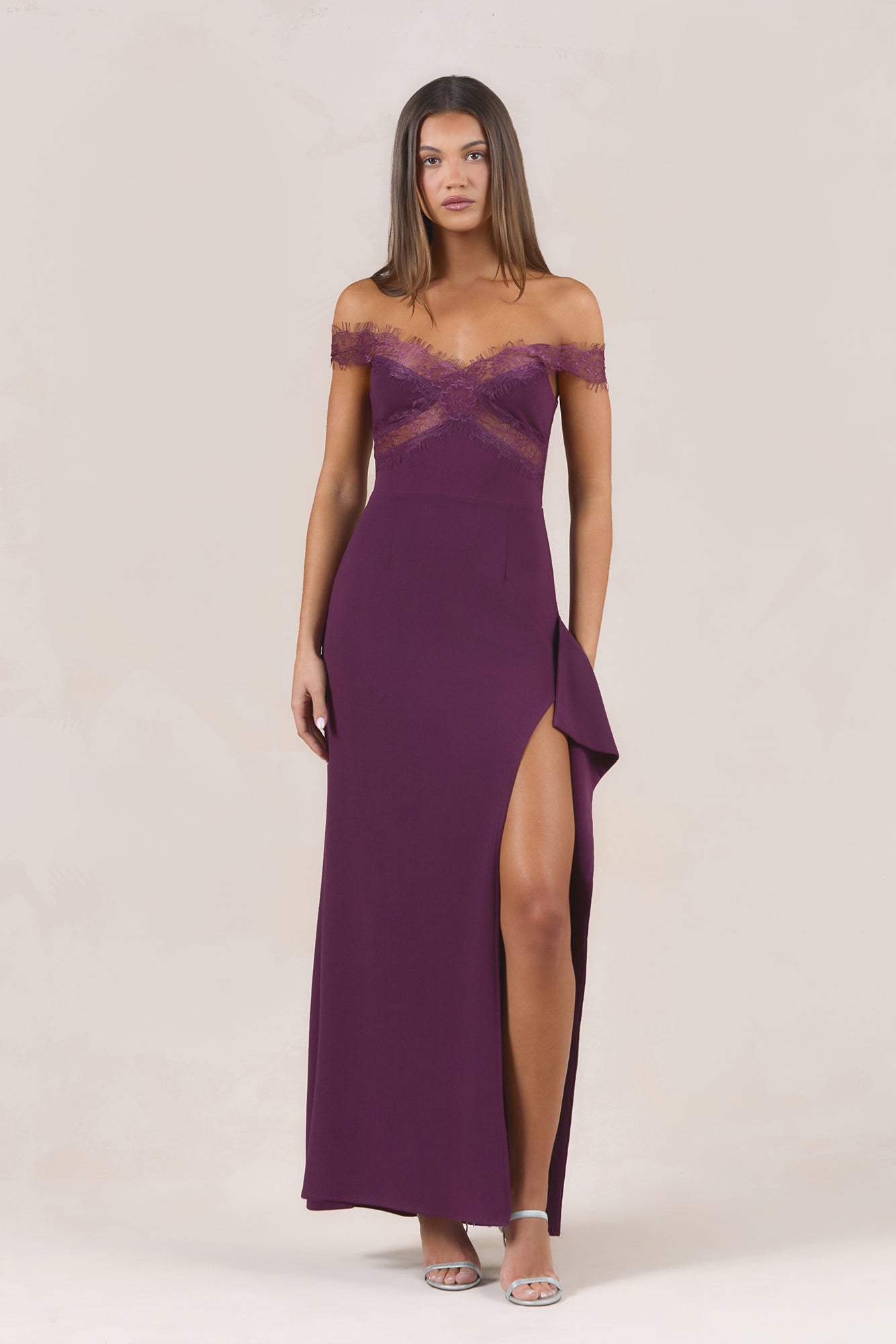 Ethereal Lace Off Shoulder Maxi Dress Plum