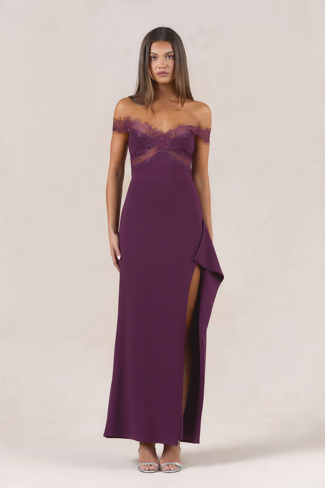 Ethereal Lace Off Shoulder Maxi Dress Plum