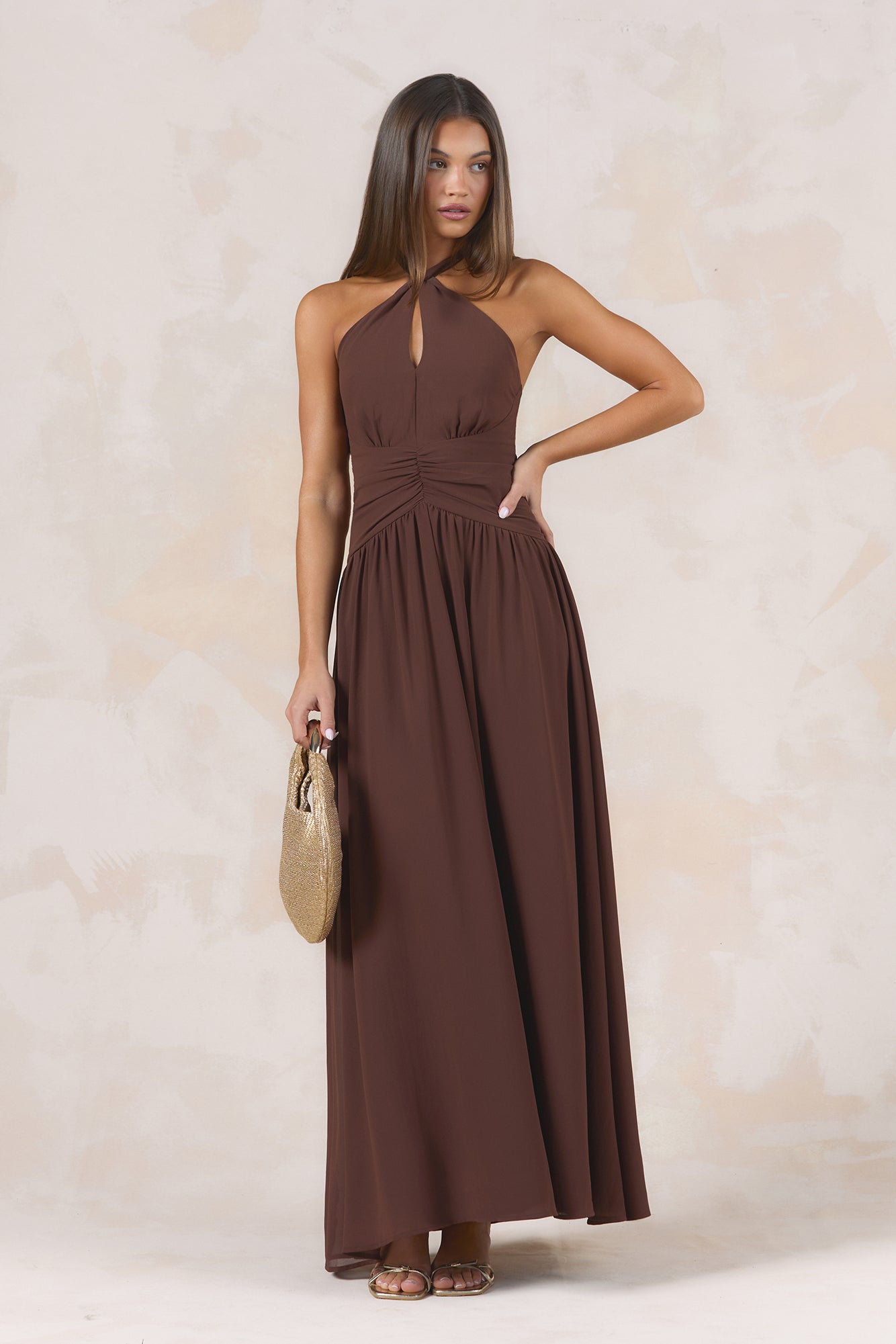 Velvet Earth Halter Maxi Dress Chocolate