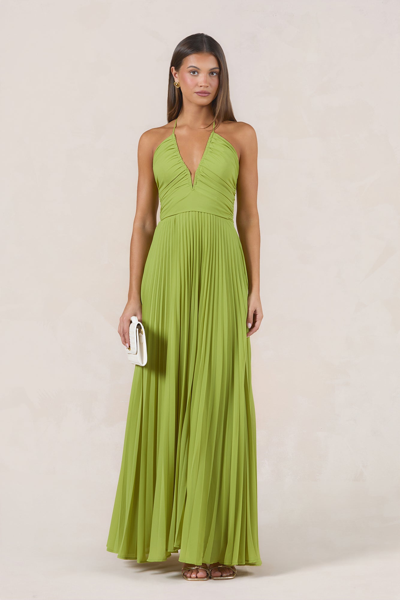 Odessa Plisse Halter Maxi Dress Olive