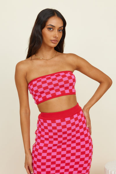 CHARLIE HOLIDAY Valery Bandeau Top Pink Red Check
