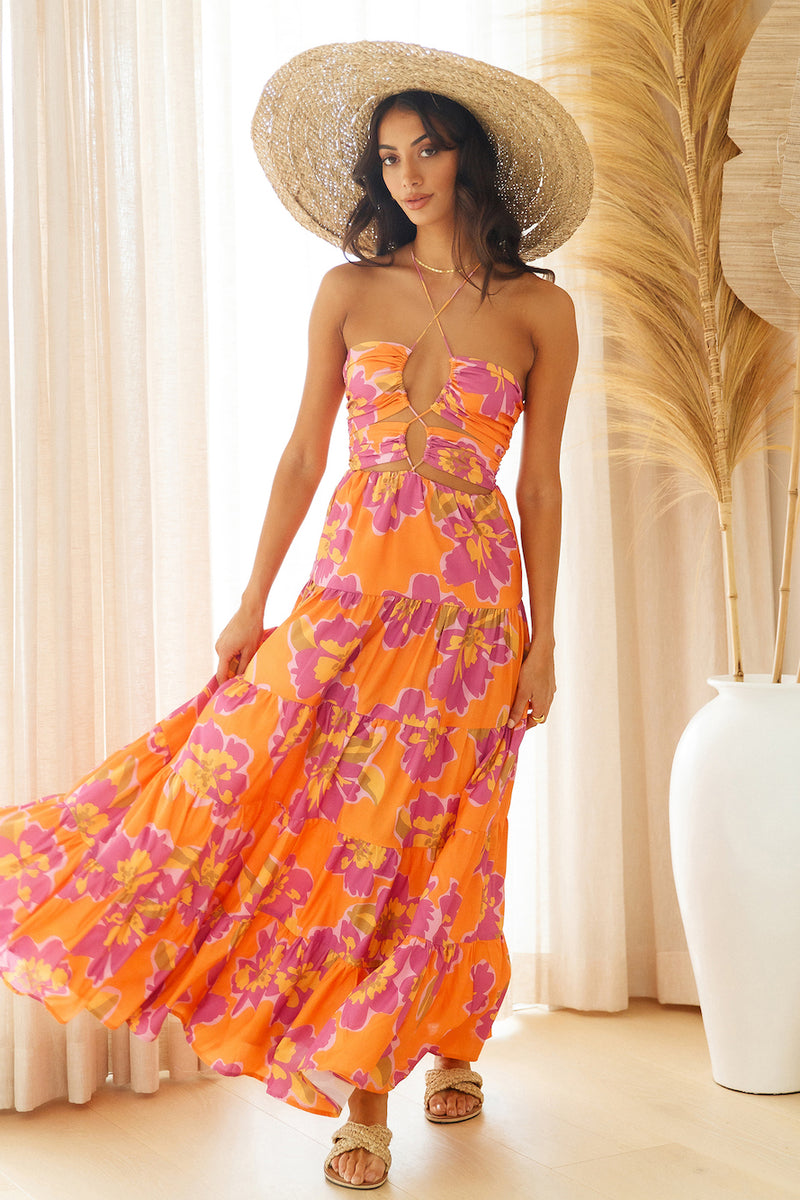 RUNAWAY THE LABEL Orchid Maxi Dress Orange Floral | Fortunate One